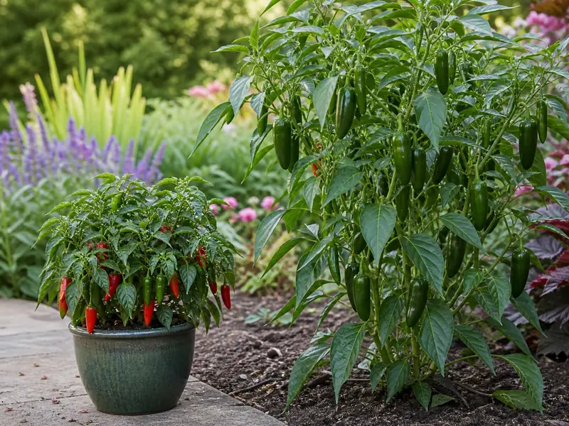 Compact container jalapeno plant beside a larger garden jalapeno plant