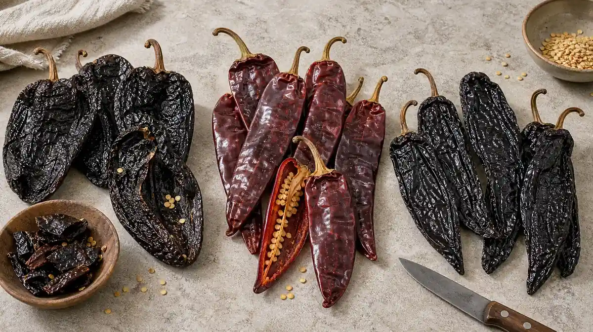 The Mexican Dried Chile Trinity: Ancho, Guajillo & Pasilla - visual guide and reference
