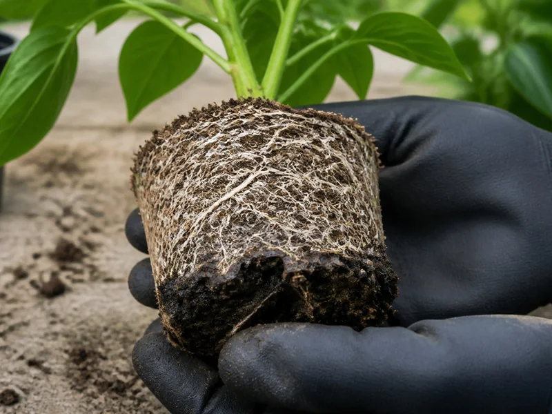 Pepper root ball with pale firm roots and a dark saturated patch near the base
