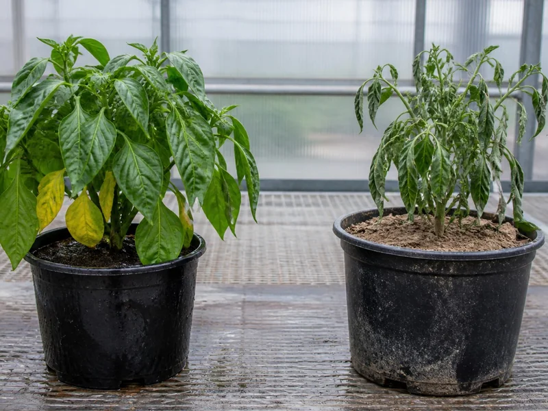 Overwatered and underwatered pepper plants compared by soil and leaf condition
