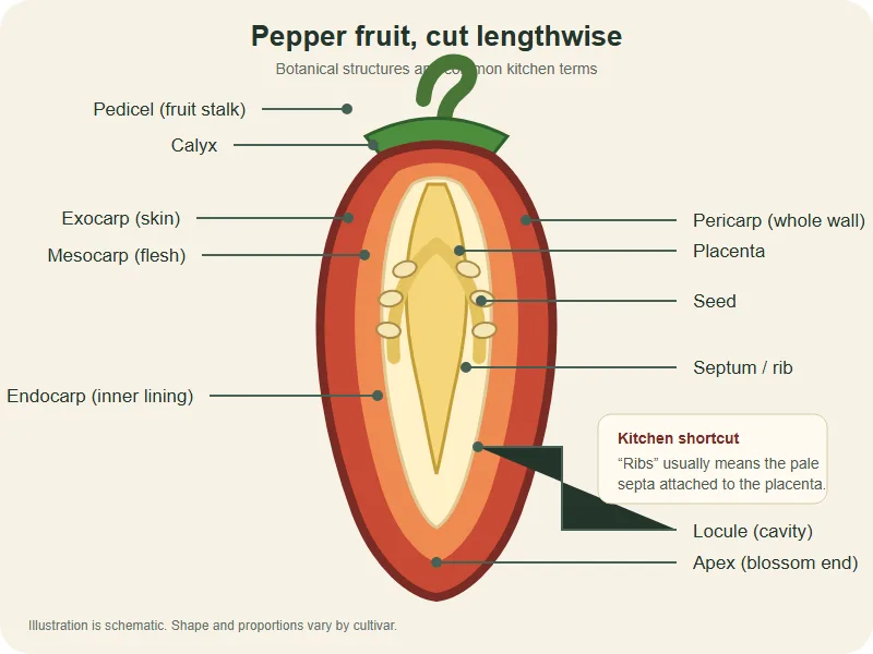 Labeled longitudinal pepper diagram showing wall layers, placenta, septa, seeds, locule, calyx, stalk, and apex
