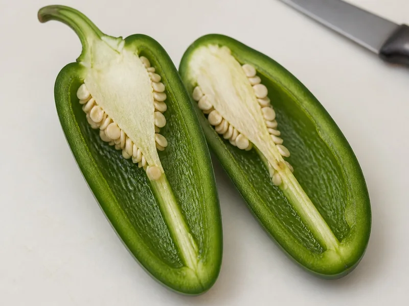 Lengthwise jalapeno halves showing flesh, pale placenta, ribs, seeds, cavity, and stem