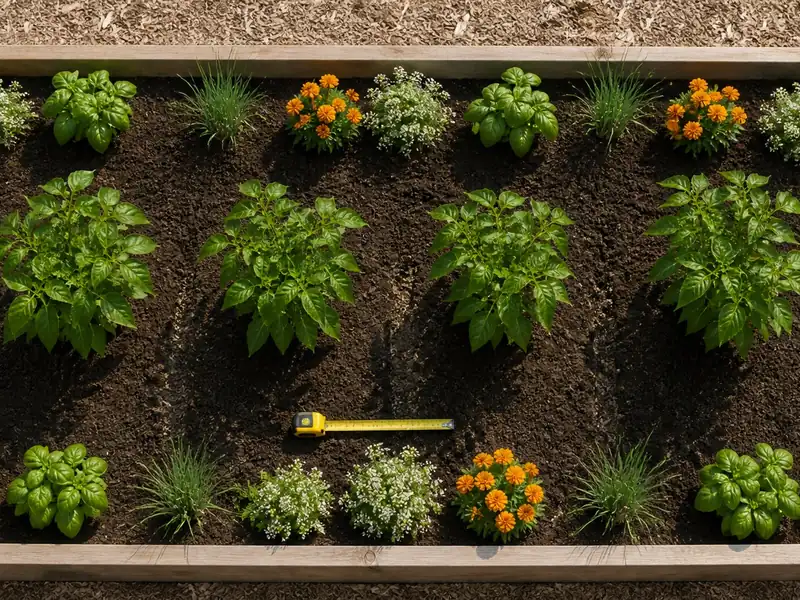 Overhead pepper bed with spaced plants and companion flowers along the edges