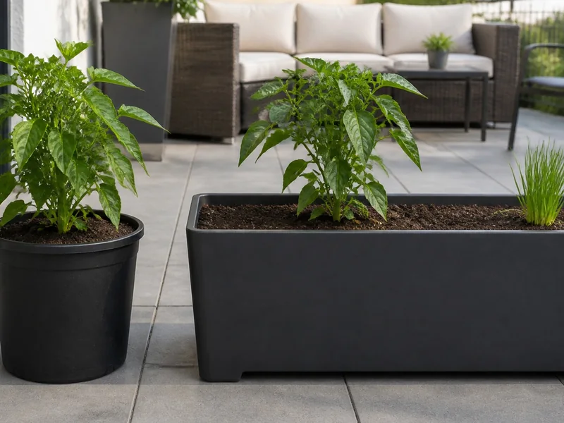 Pepper alone in a five-gallon pot beside a larger planter with one rim herb