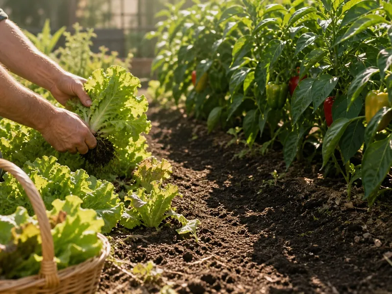 Lettuce harvested before the adjacent pepper canopy closes over its space