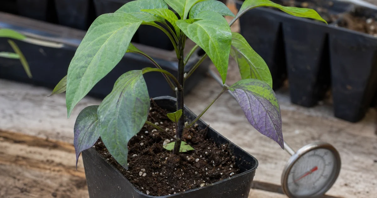 Purple tint on young pepper leaves beside a soil thermometer in a seed-starting tray