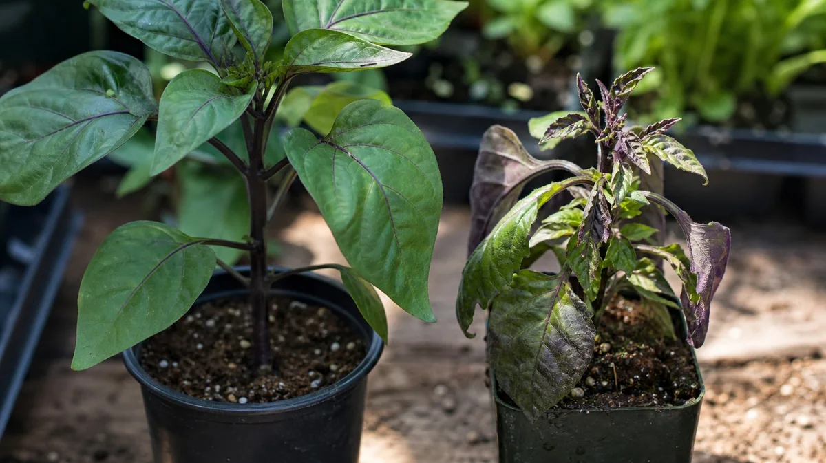Healthy purple-stem pepper beside a stressed purple-leaf transplant