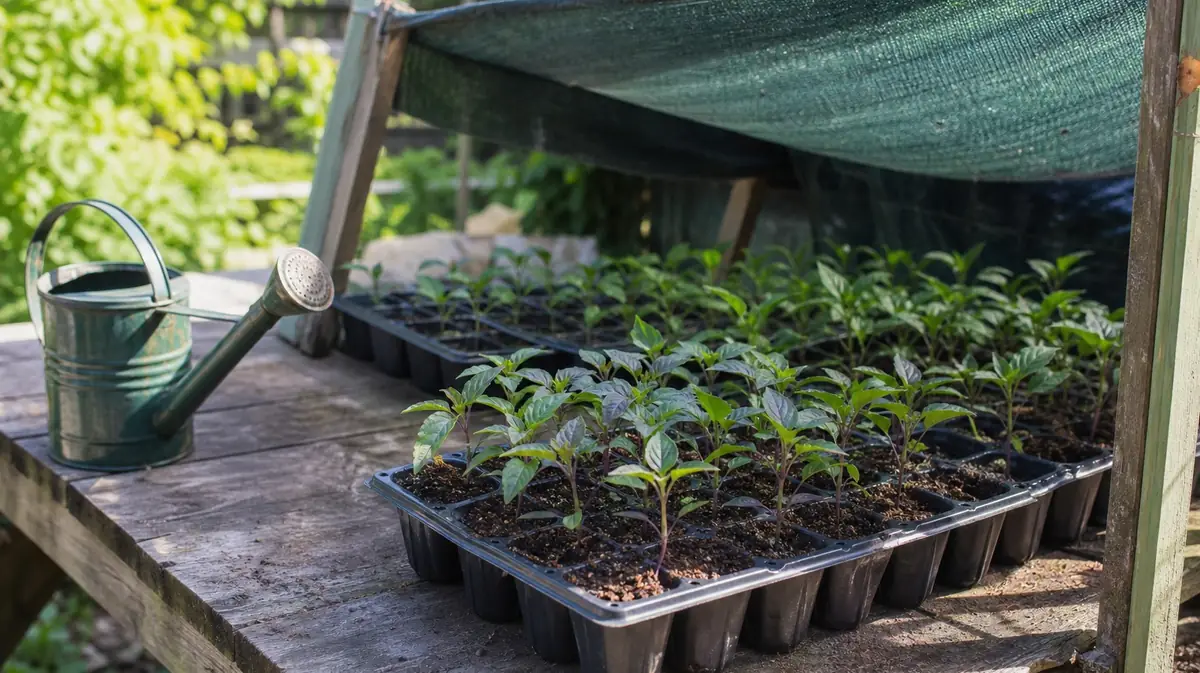 Pepper seedlings hardening off in shade to prevent cold-stress purple leaves