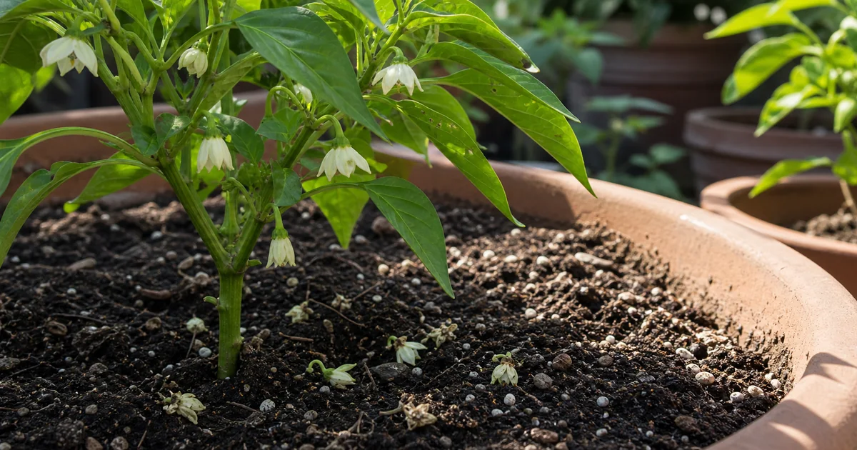 Pepper plant with fresh blossoms and dropped flowers on the soil