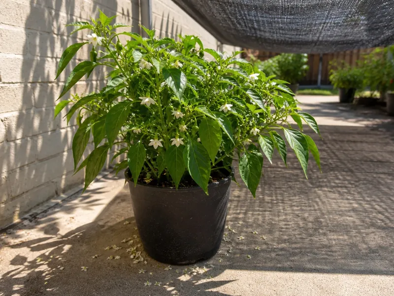 Flowering pepper pot beside a heat-reflecting wall under afternoon shade cloth