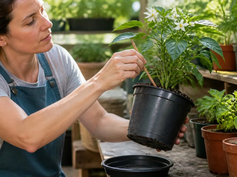 Gardener lifting a pepper pot while checking moisture two inches into the mix