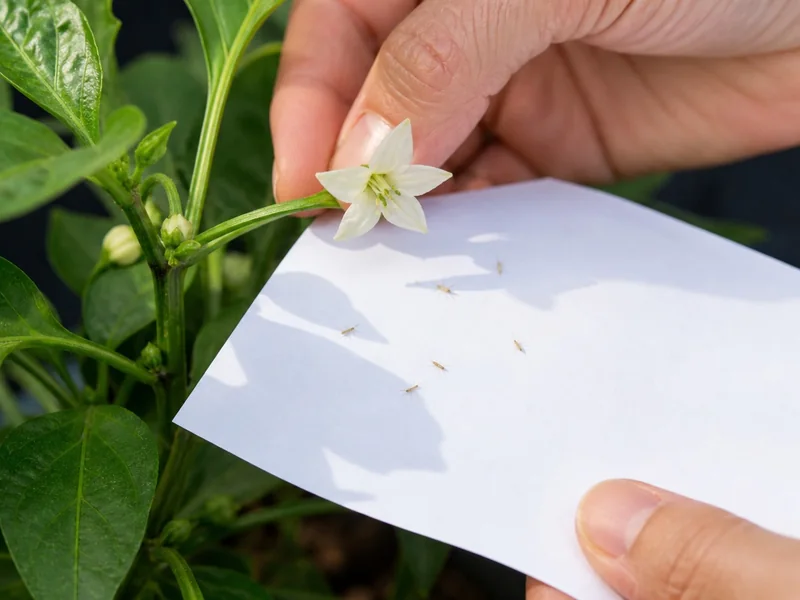 Pepper blossom tapped over white paper to reveal tiny thrips