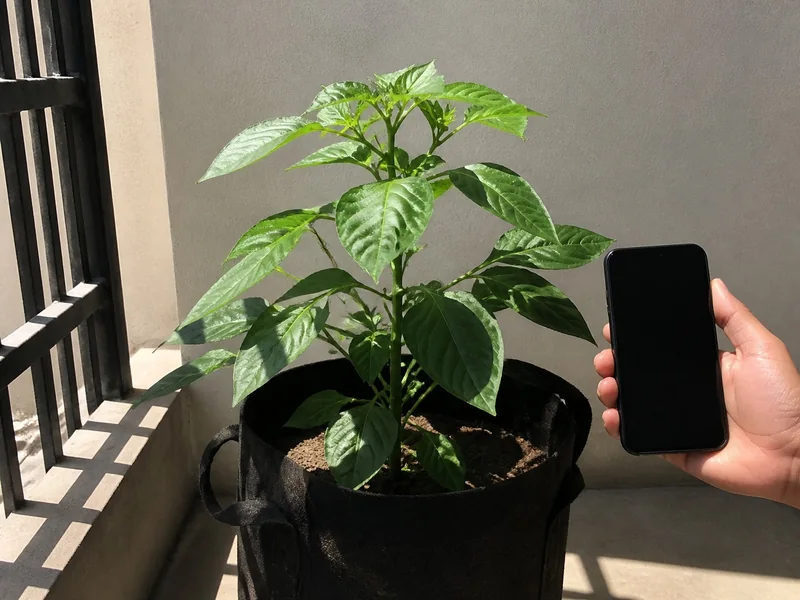 Pepper container at the edge of a balcony shadow while direct sunlight time is logged on a phone