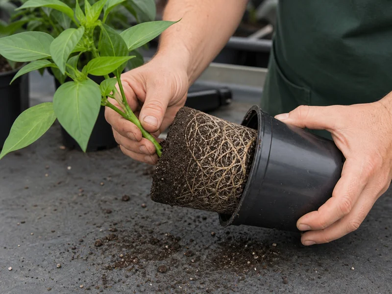 Stable pepper root ball showing dense circling roots along the inside of its nursery pot