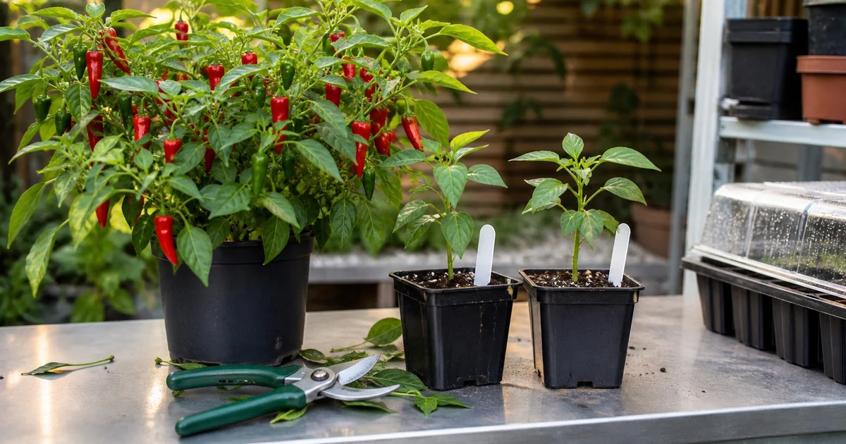 Mature pepper donor plant beside two young rooted clones on a potting bench