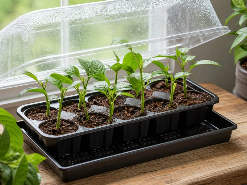Pepper cuttings rooting in airy plugs under a vented humidity dome