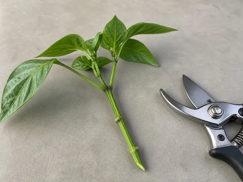 Prepared pepper stem cutting with top leaves and two bare lower nodes