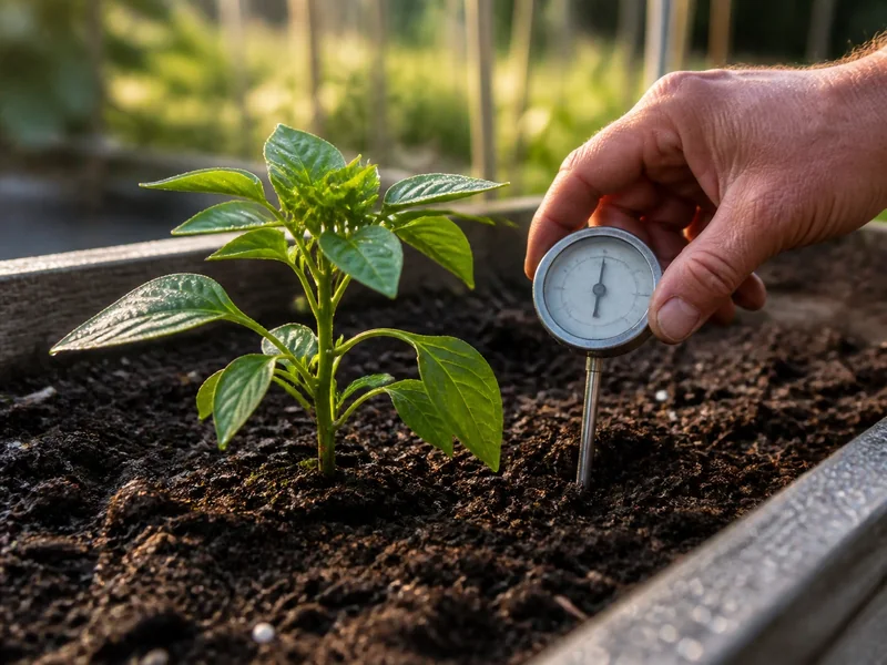 Soil thermometer measuring the root zone beside a compact pepper transplant