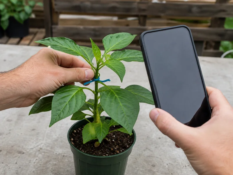 Marked pepper growing tip photographed beside a phone for repeat comparison