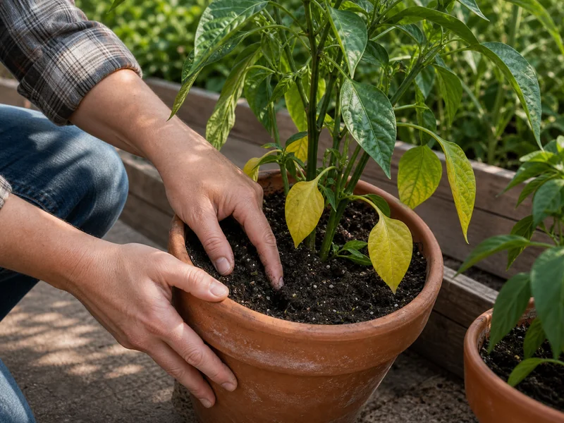 Pepper plants with yellow lower leaves being checked for soil moisture in a raised bed