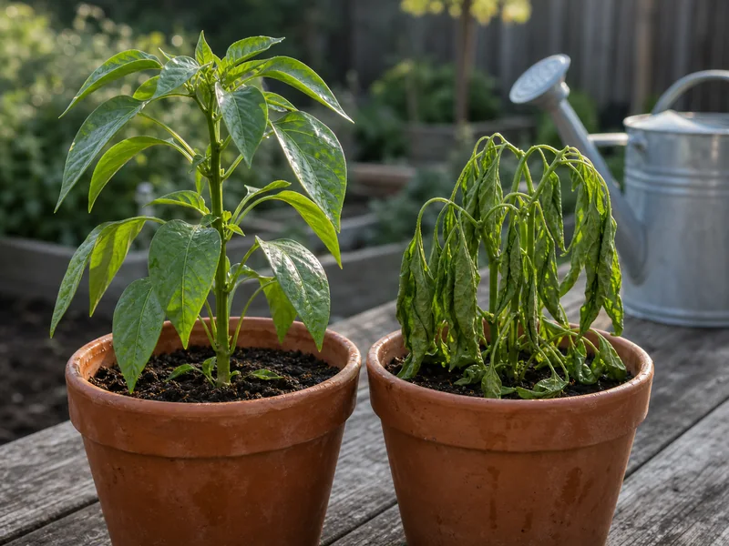 Wilting pepper plant in a container being checked for soil moisture and pot weight