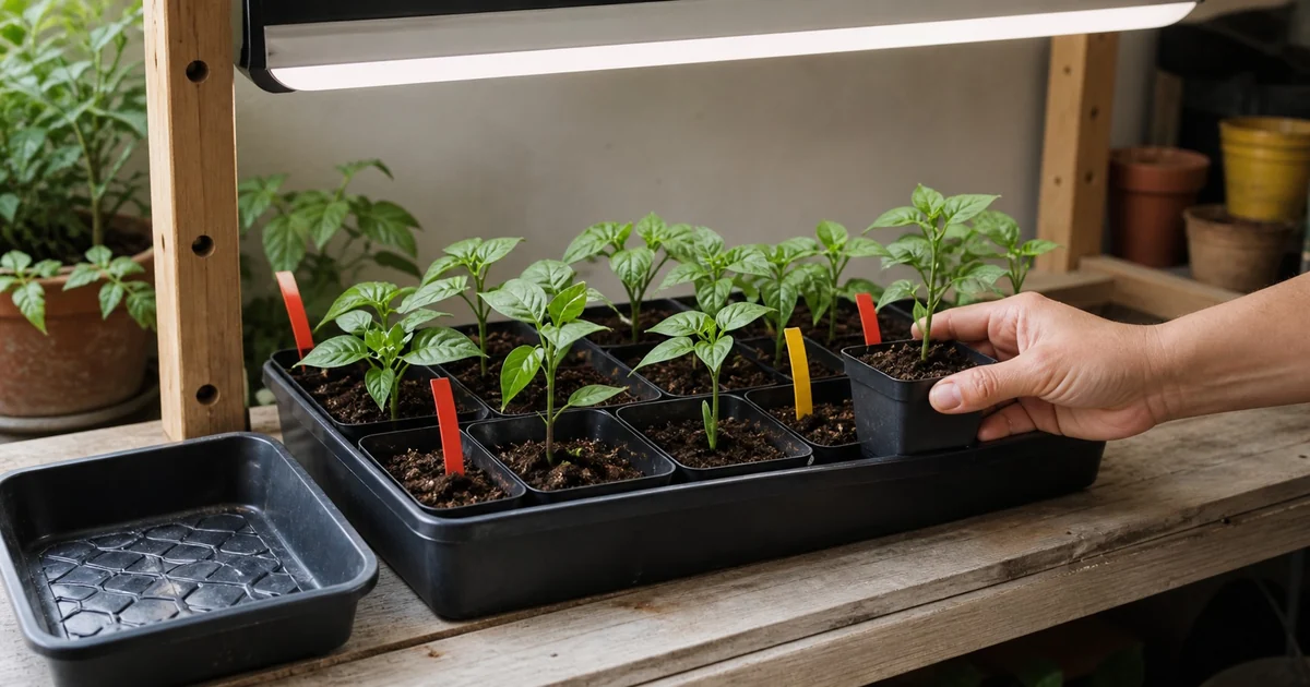 Healthy pepper seedlings under a grow light on an indoor seed-starting shelf