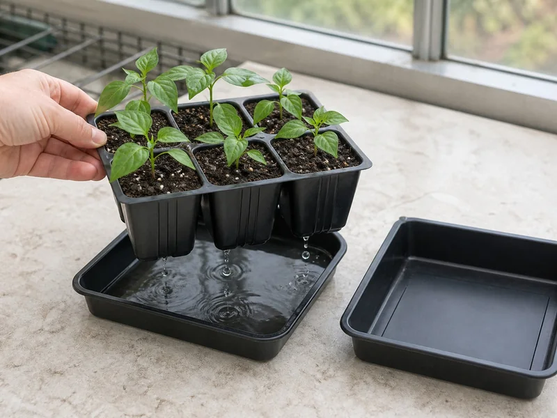 Pepper seedling cell insert draining after shallow bottom watering