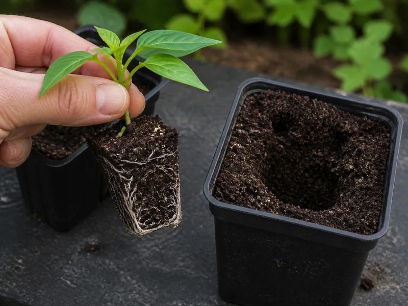 Pepper seedling root plug held beside a modestly larger prepared pot