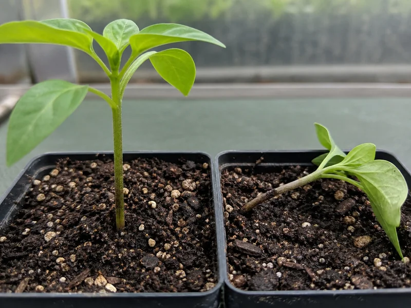 Healthy pepper seedling beside one collapsed from damping-off at the stem base