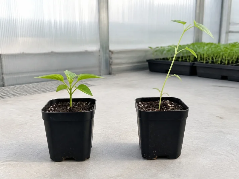Compact pepper seedling beside a stretched leggy seedling at the same scale