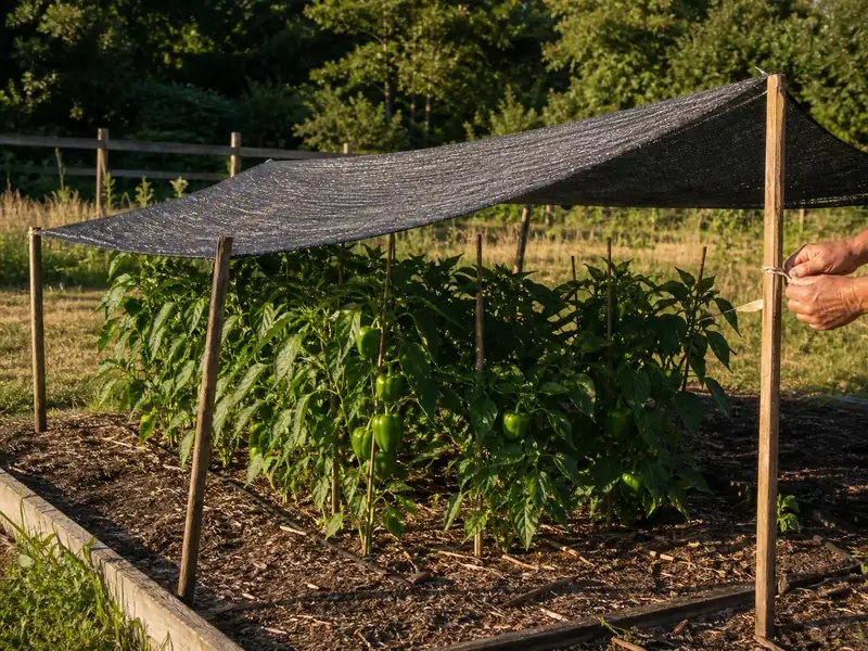 Open-sided shade cloth above leafy pepper plants in late afternoon sun