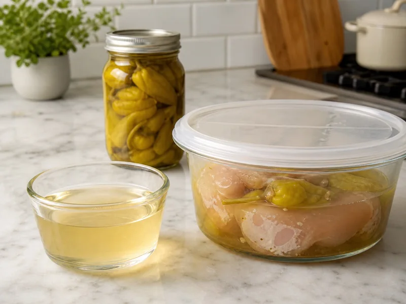 Clean pepperoncini brine reserved beside a separate raw chicken marinade