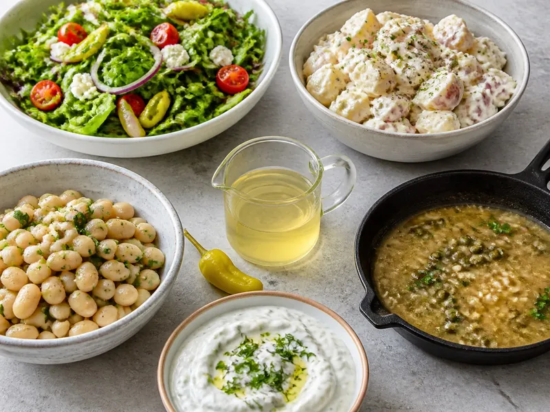 Pepperoncini brine with salad, potatoes, beans, pan sauce, and dip