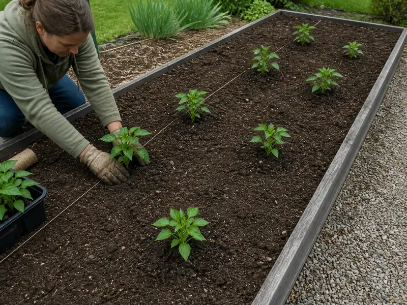 Pepperoncini transplants spaced along string lines in a raised bed with picking access