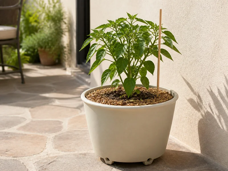 Single pepperoncini plant growing in a movable five-gallon patio container