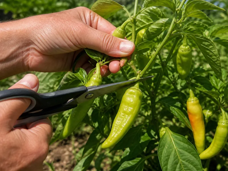 Firm green pepperoncini pod being cut from the plant with clean scissors