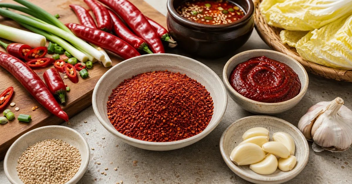 Coarse red pepper flakes, red chiles, red pepper paste, garlic, scallions, sesame seeds, and cabbage leaves