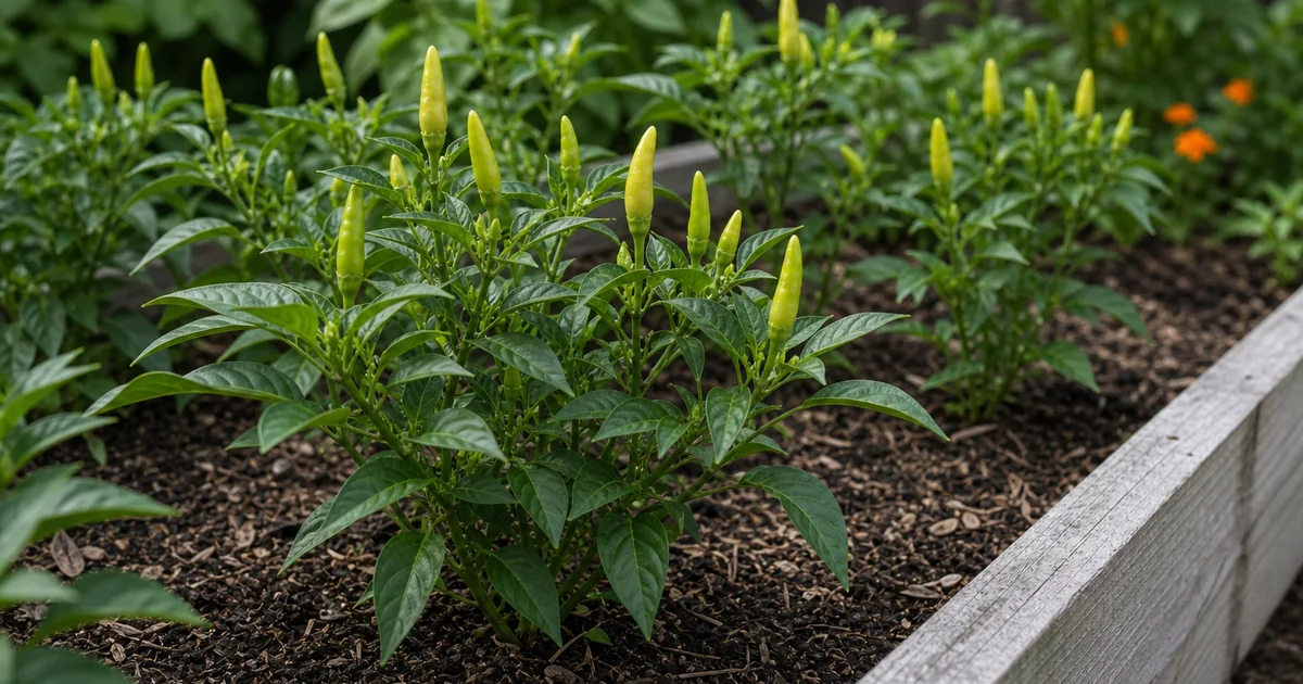 Compact pepper plants carrying small upright green pods above the leaves