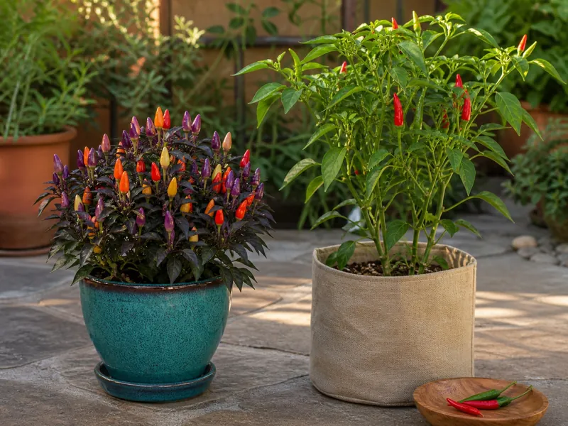 Colorful compact ornamental pepper beside a taller edible upright chile in patio containers