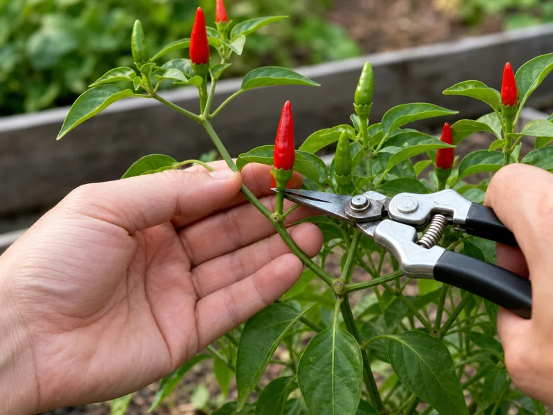 Gardener supporting an upright pepper branch while cutting a red pod with clean shears
