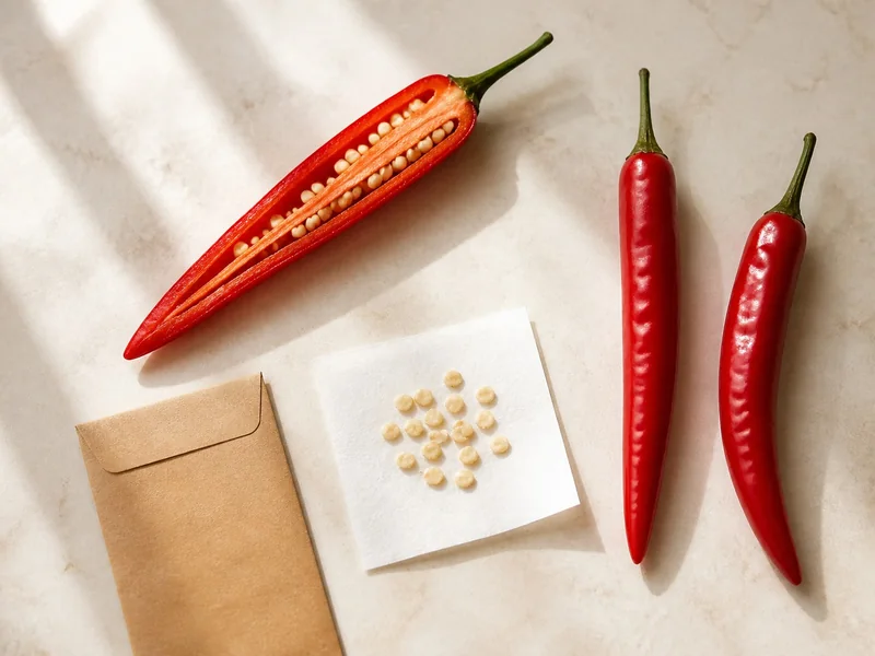 Ripe red pepper opened for seed saving beside drying seed and a paper envelope