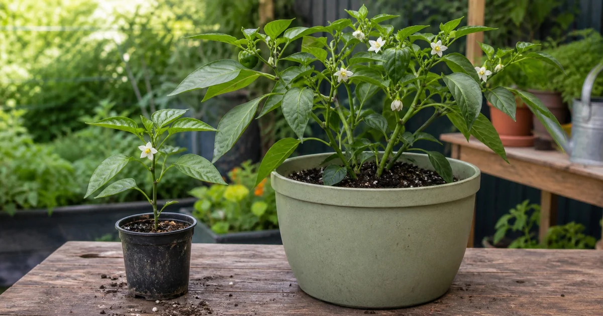 Small potted pepper with an early flower beside an established flowering pepper plant