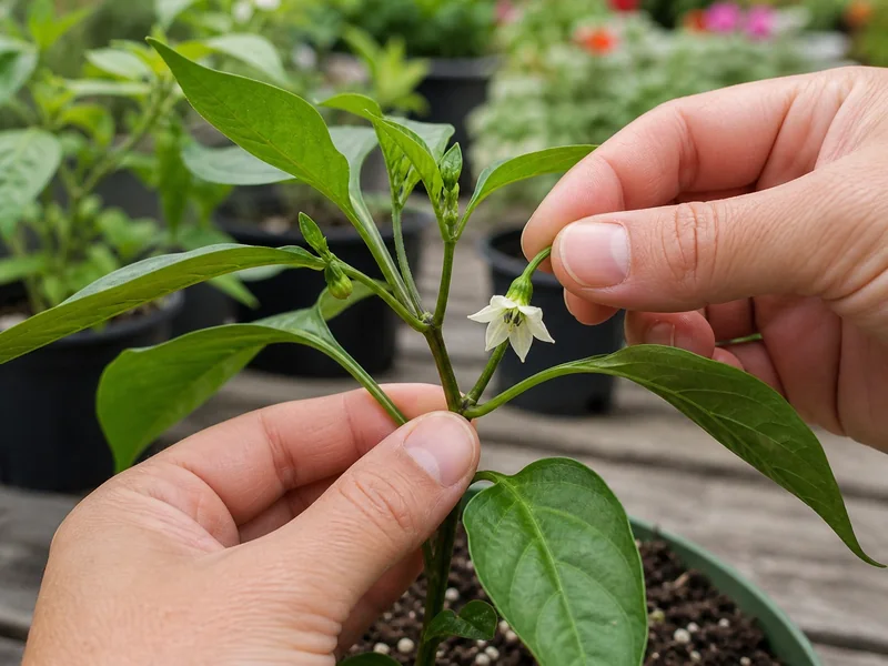 Hands supporting a pepper branch while pinching only the flower stem