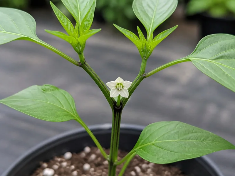 White crown flower at the first Y-shaped fork of a young pepper plant
