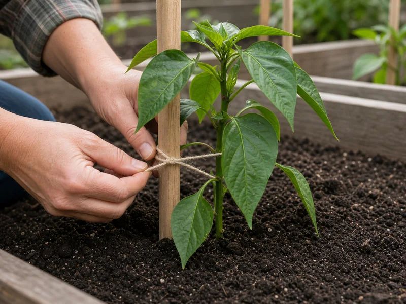 Poblano pepper transplants spaced widely in a raised bed with support stakes