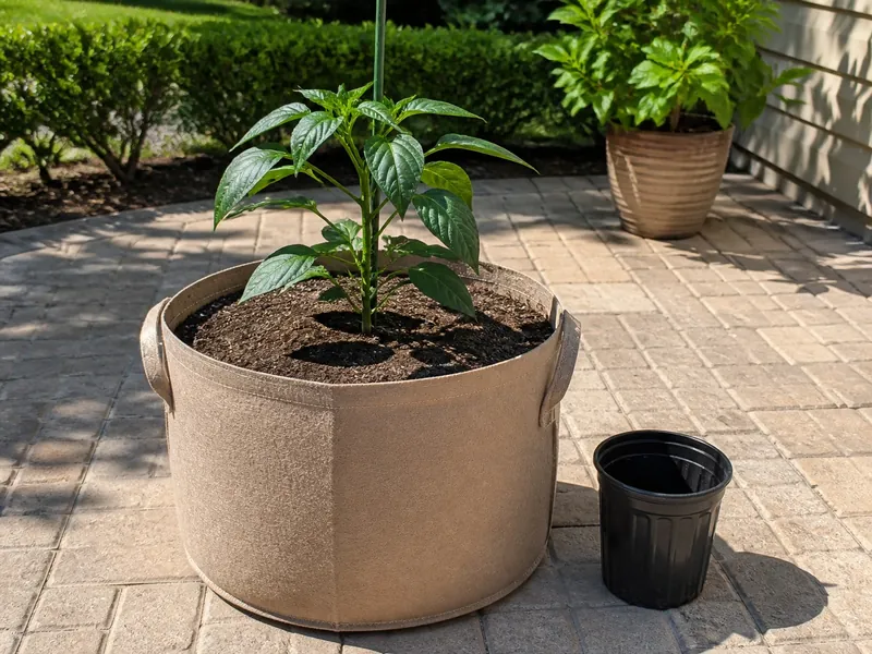 One young poblano planted in a wide fabric pot beside its small nursery pot