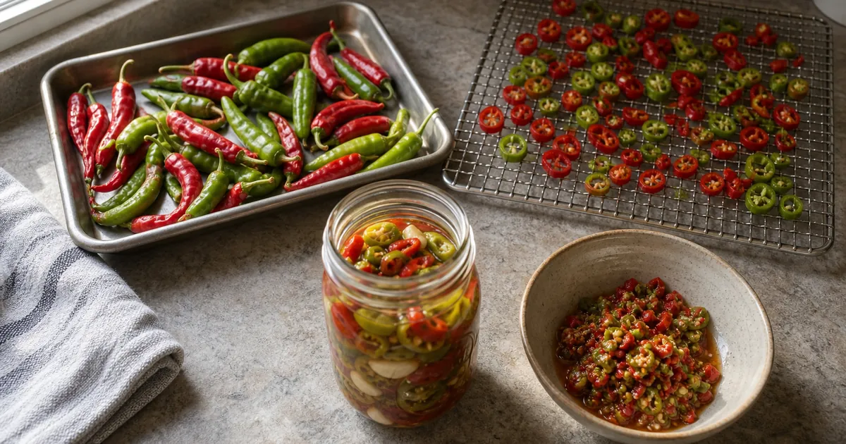 Fresh chilies sorted for freezing drying pickling and sauce prep