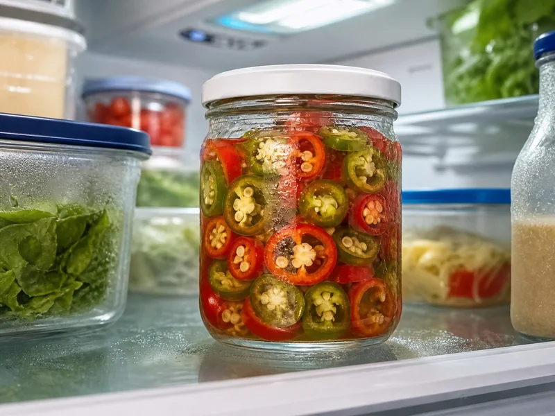 Jar of quick-pickled red and green pepper rings stored on a refrigerator shelf