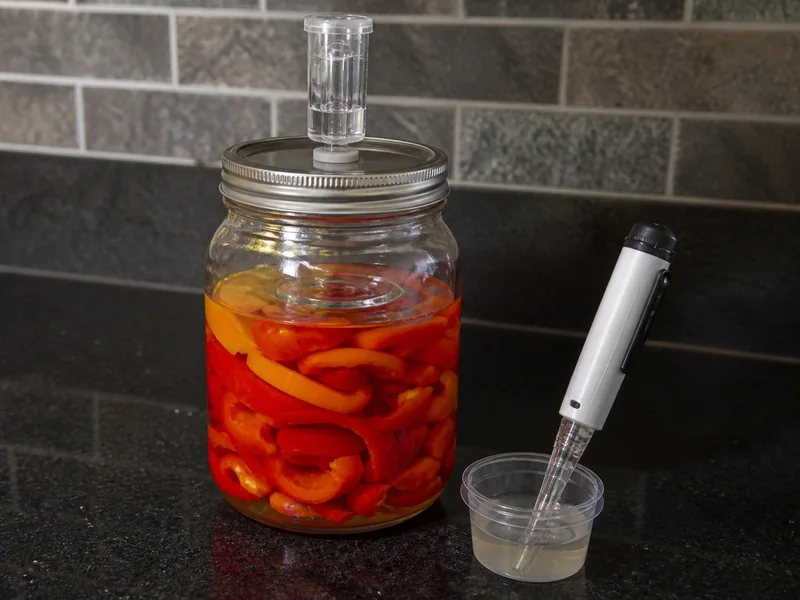Airlocked jar of fermenting red peppers beside a pH probe and liquid sample