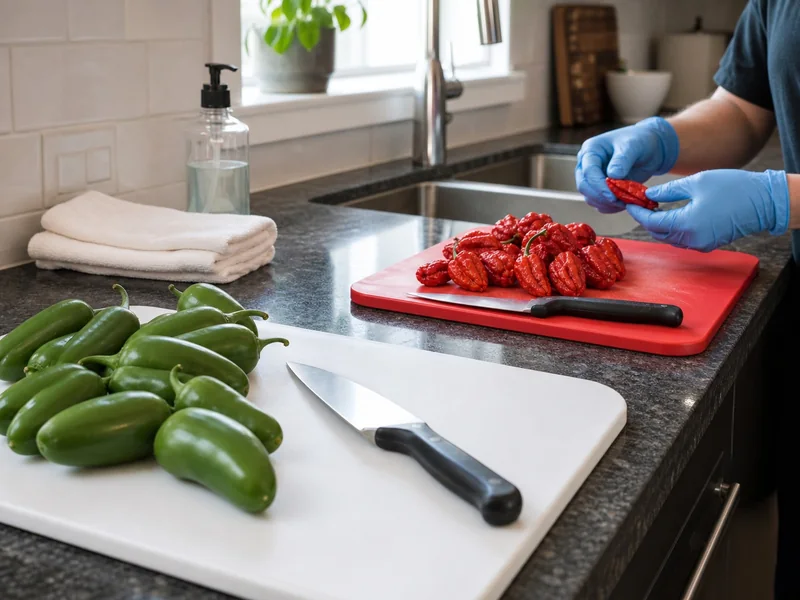 Gloved cook sorting wrinkled red hot peppers separately from green jalapenos on two cutting boards